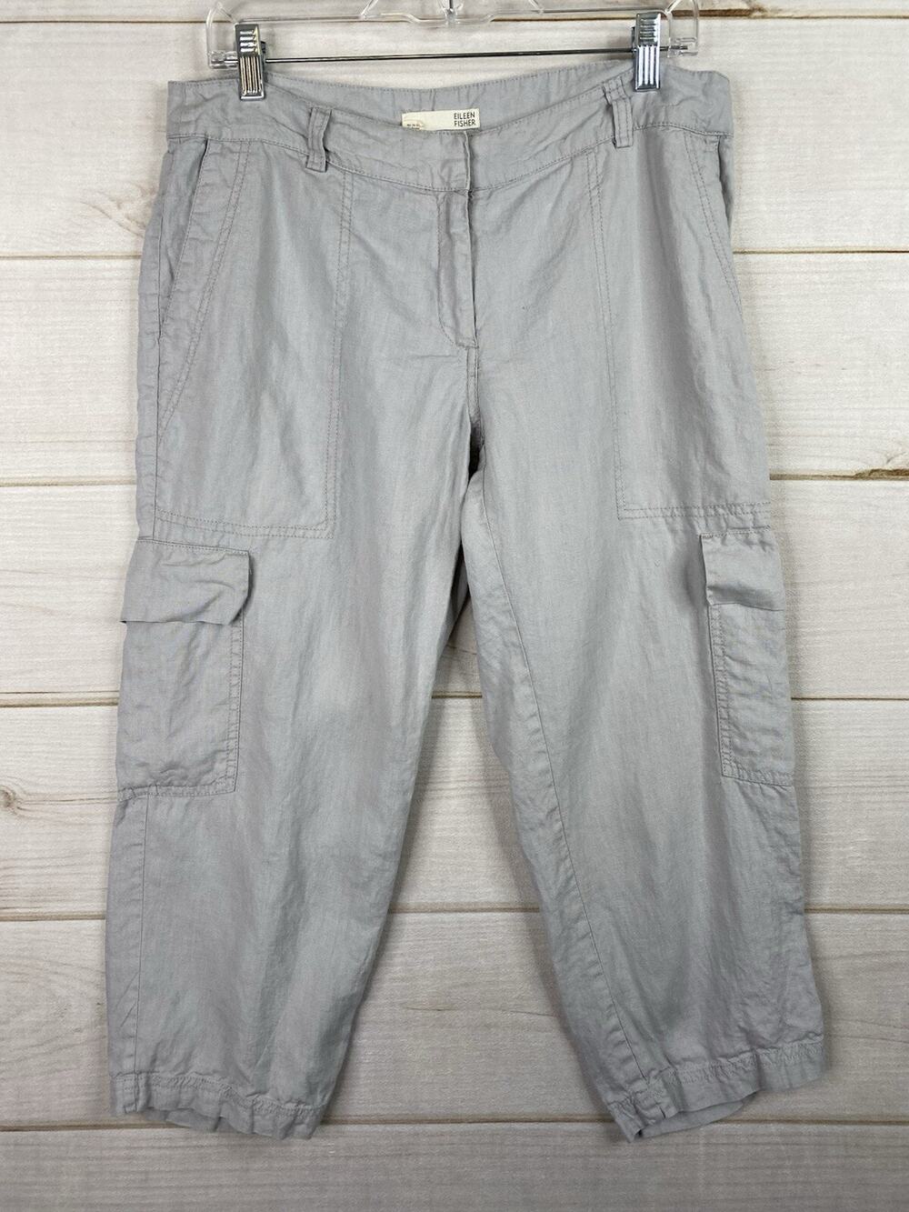 Eileen Fisher Linen Cargo Pants Womens 10 Gray Crop Capri Lagenlook Pockets
